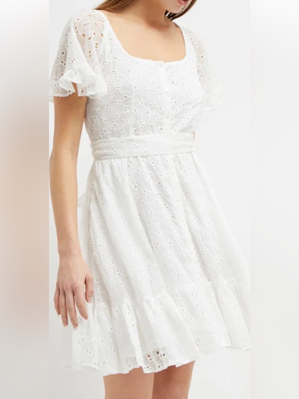 NWT French Connection White Eyelet Midi Dress with Puff Sleeves Sz 10